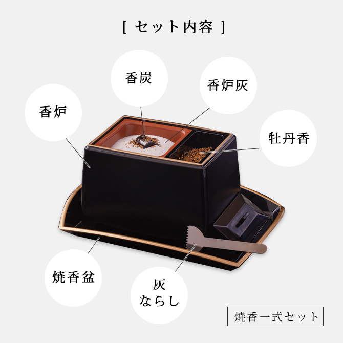 焼香 焼香セット 仏具 盆 台 香炉灰 灰ならし 香炭 白檀 お香 お焼香