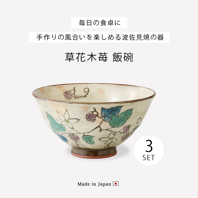 Demi Voo 飯碗 茶碗 お茶碗 セット 揃え 磁器 花 草花木苺 飯碗 3客組