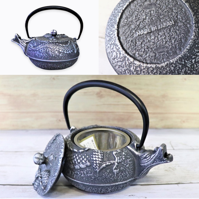 南部鉄器 急須 ティーポット 茶こし付 おすすめ 竜 銀黒 OH17