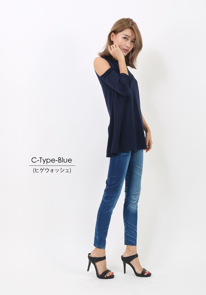 ストレッチ☆デニム風プリントレギンス<br>