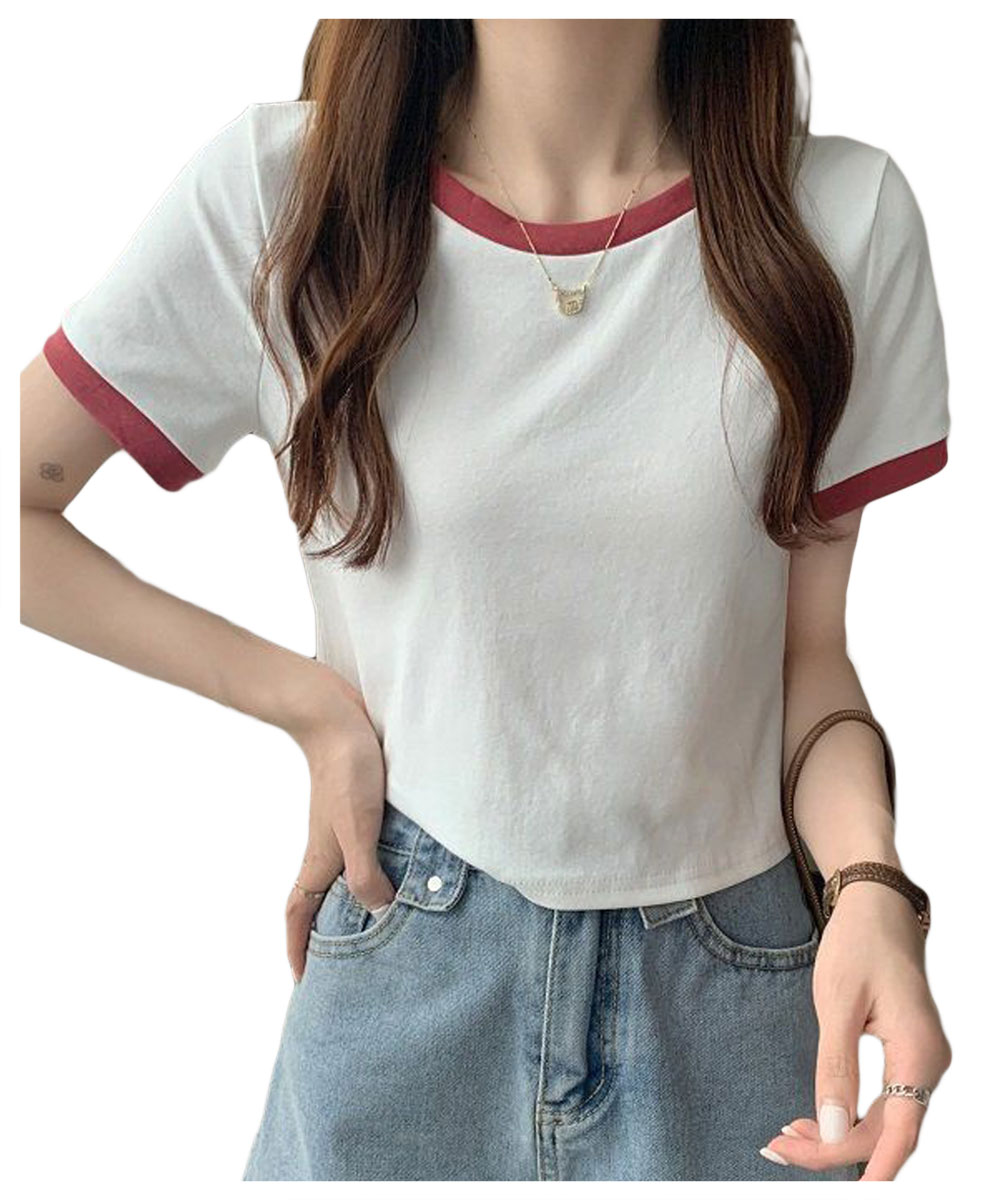 tシャツ レディース 春 夏 春夏 黒 白 半袖 無地 カットソー トップス リンガーネック ショート丈 ブラック ホワイト ブルー グレー ピンク 20代 送料無料｜koei｜02