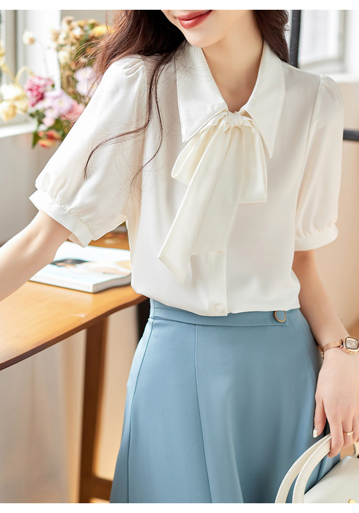 ブラウス 半袖 レディース 女性用 トップス シャツ 前開き パフスリーブ リボンタイ 大きいサイズ 無地 かわいい おしゃれ 通勤 通学 オフィスカ plusnao ブラウス シャツ 半袖 レディース トップス