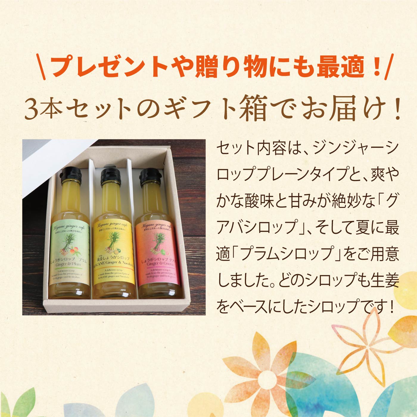 フルーツジンジャーシロップセット 200ml×3本(プレーン/グアバ/プラム