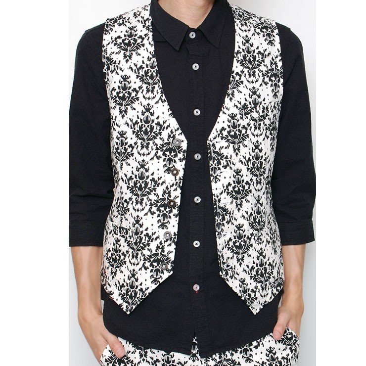 送料無料 ベスト メンズ ジレ 春 夏 総柄 花柄 ボタニカル柄