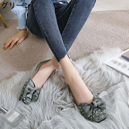 ビジュー付きフラットパンプス パンプス レディース フラットシューズ