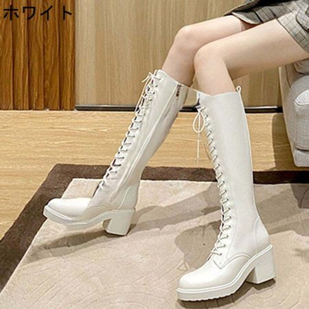 厚底ブーツ ロングブーツ レディース 6cmヒール 編み上げブーツ チャン