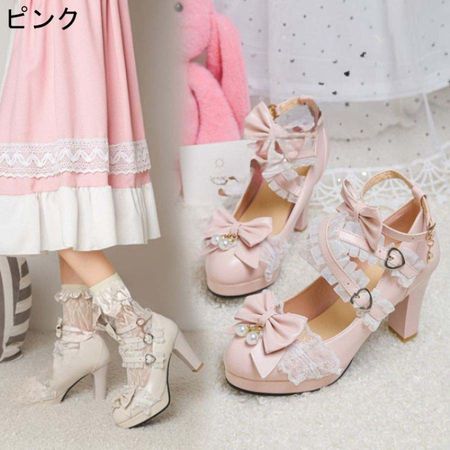 リボンレースロリータシューズ ピンク 24.5〜25 可愛い 大きめサイズ 新品 リボンレースロリータシューズ ピンク 24.5〜25 可愛い 大きめ