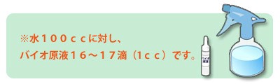 水100ccに対し、バイオ原液16〜17滴(1cc)です。