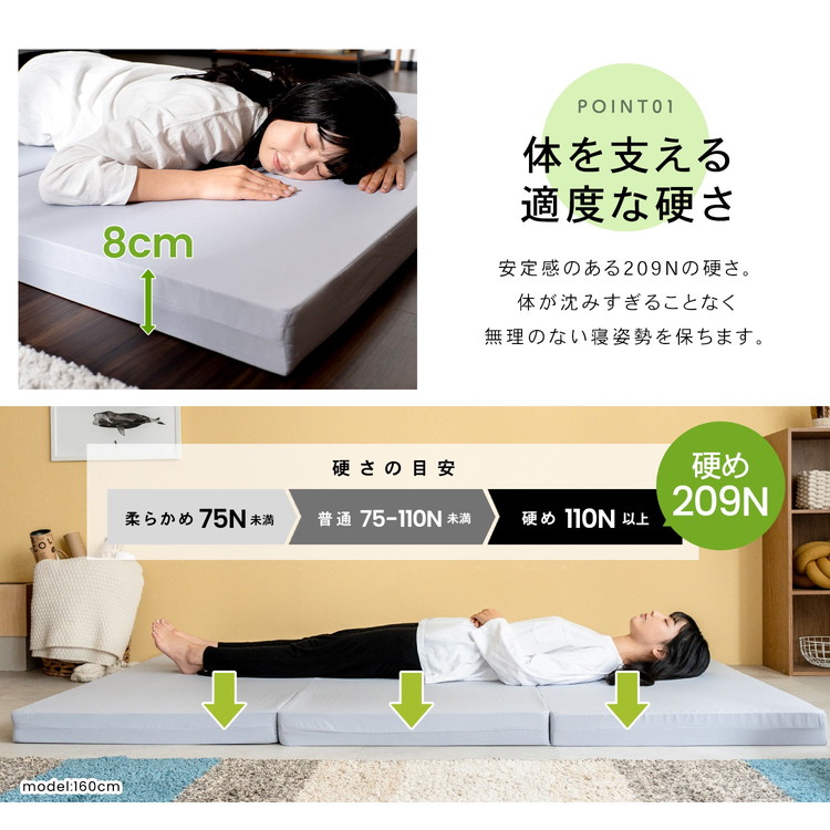敷布団にもなるマットレス高反発+硬質点シングル厚さ約8cm三つ折れ