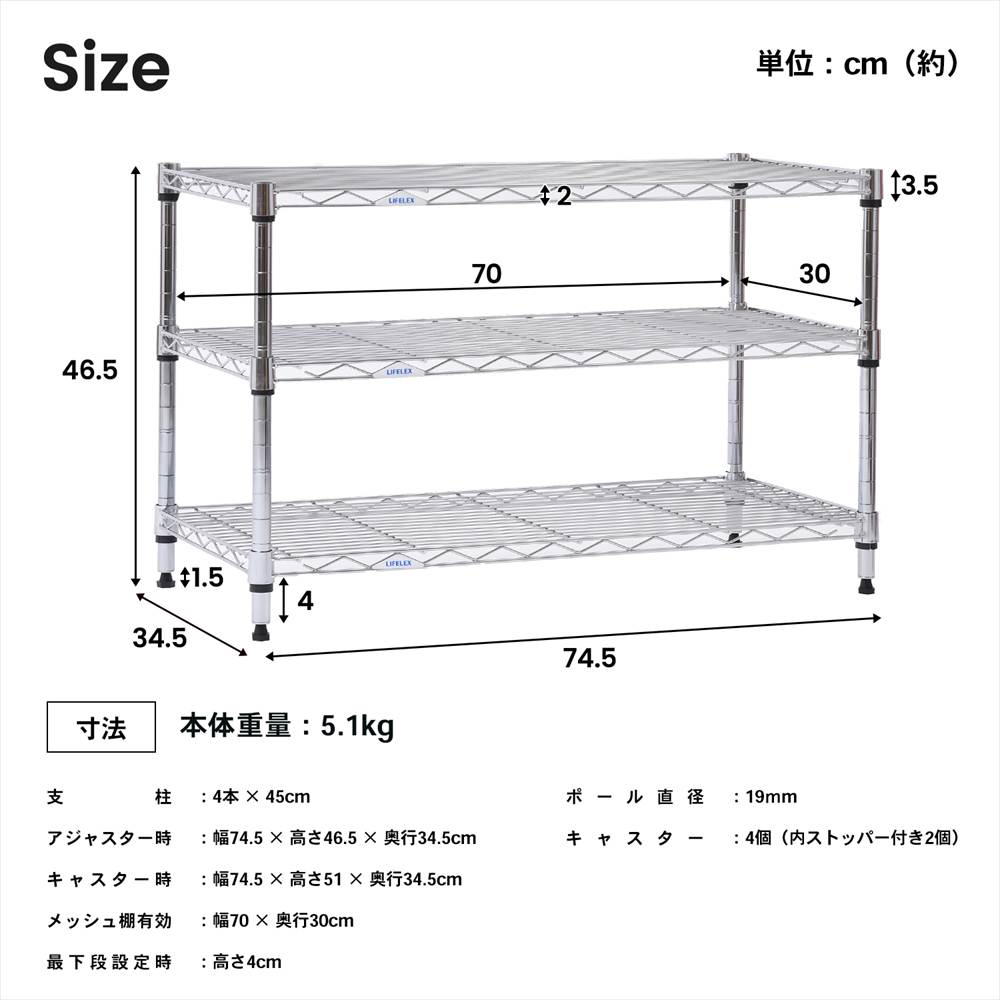 ◇ラック スチール メタル ワイヤー システムラック 3段 75W ロー 可動