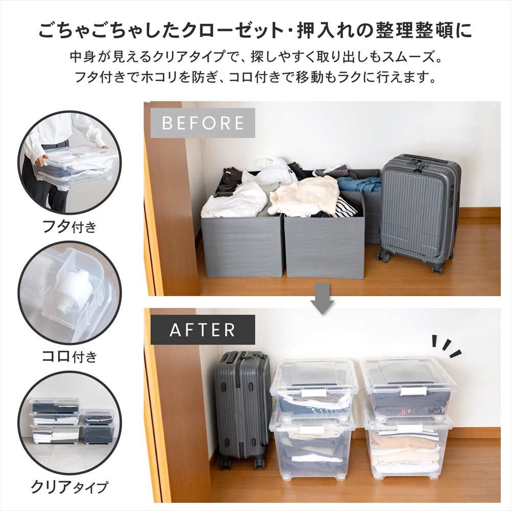 衣類収納ケース 両側フタ式 奥行75 浅型 コロ付き x2個セット 押し入れ