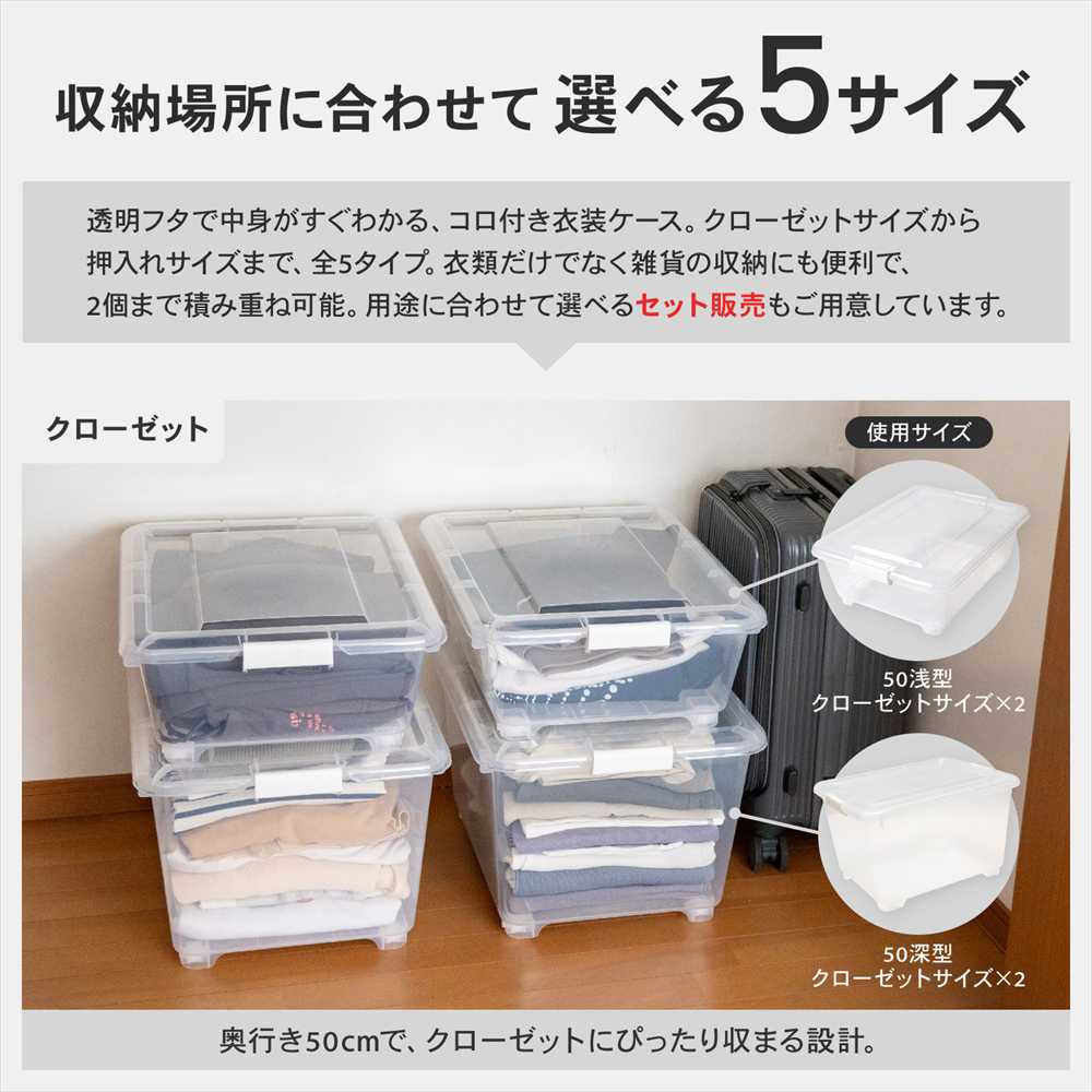 衣類収納ケース 両側フタ式 奥行75 浅型 コロ付き x2個セット 押し入れ