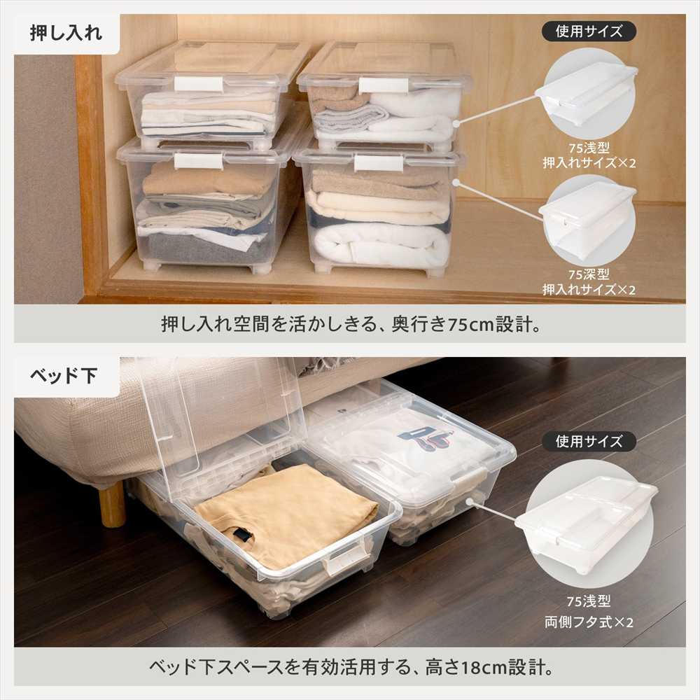 衣類収納ケース 両側フタ式 奥行75 浅型 コロ付き x2個セット 押し入れ