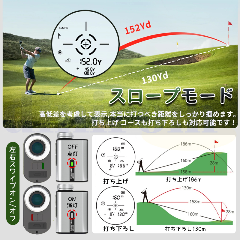 ゴルフレーザー距離計 5-2000m対応 6倍望遠 画面大文字表示 高低差