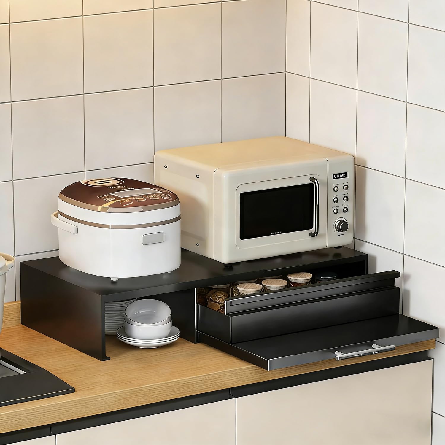 家電下収納 キッチン レンジ台 電子レンジ下ラック 伸縮スライド