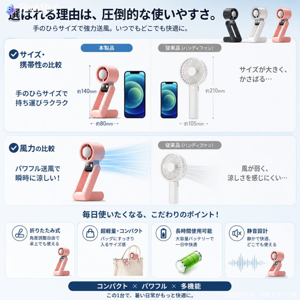 ハンディファン 199段階風量タッチ調整 冷却プレート 携帯扇風機