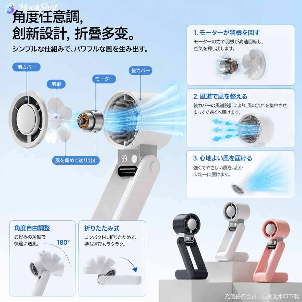 ハンディファン 199段階風量タッチ調整 冷却プレート 携帯扇風機