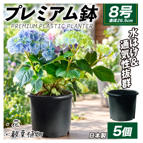 国華園 プレミアム鉢 8号 5個 日本製 プラスチック 上質 ブラック 支柱