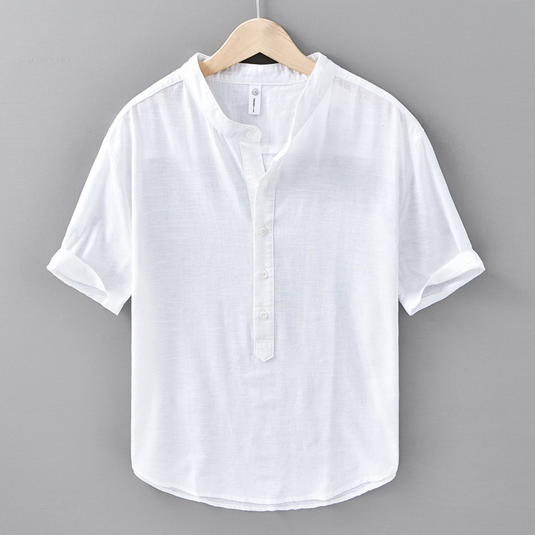 綿麻シャツ メンズ カジュアルシャツ ヘンリーネック 半袖 リネンコットン 通気 シャツ トップス