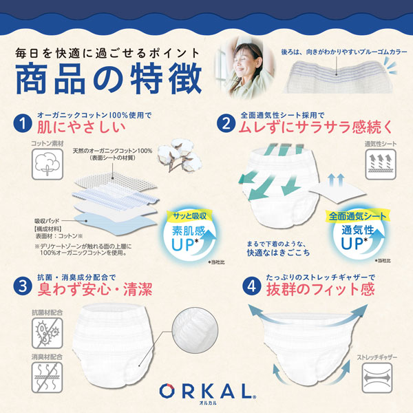 オルカル 紙おむつ 紙オムツ 大人用 薄型 介護 オーガニックコットン 4回吸収 サイズがえらべる 60枚 4 サイズ 男性 女性 災害 ORKAL 10枚×6パック｜komamono｜10