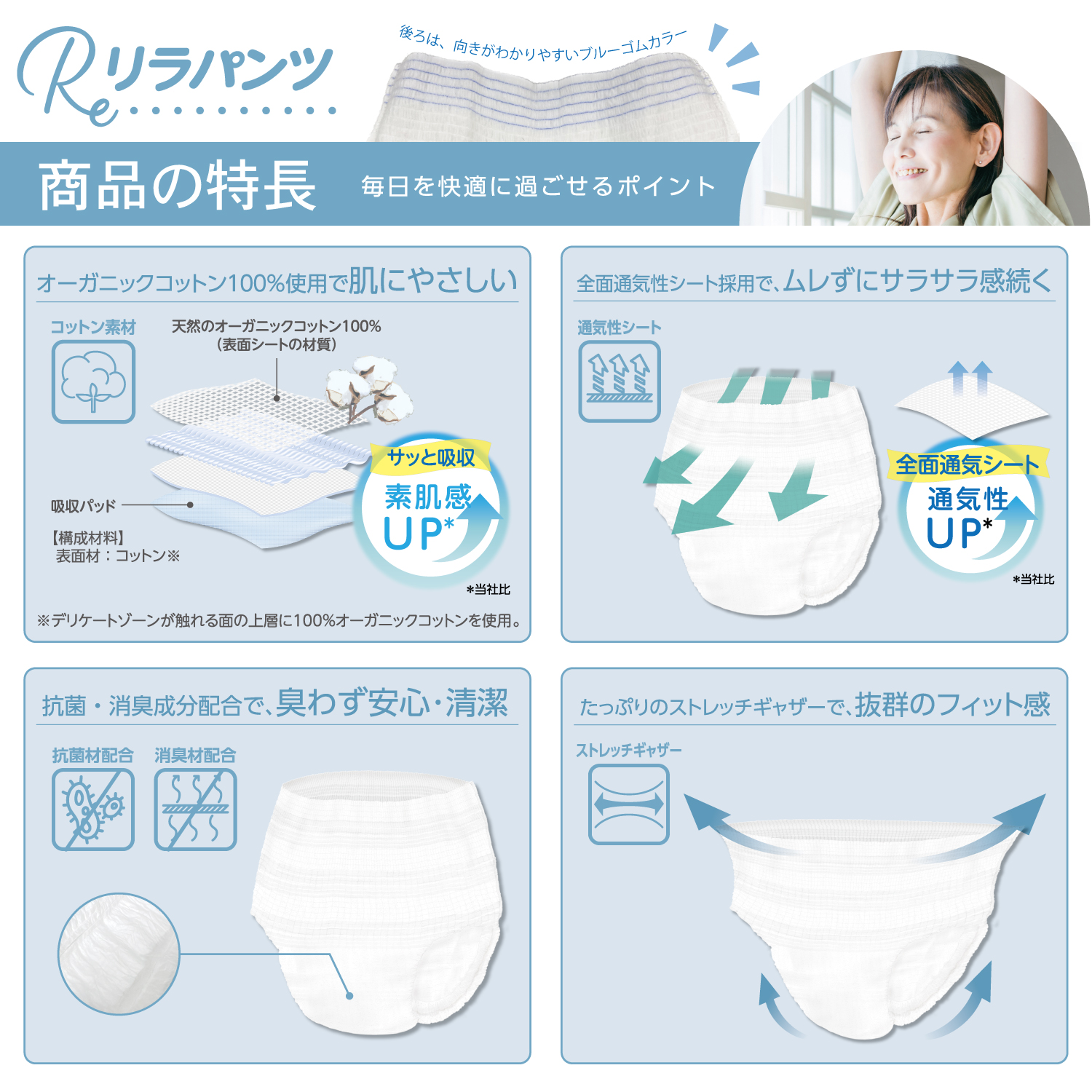 リラパンツ 大人用おむつ 薄型 紙オムツ 紙パンツ オーガニックコットン 4回吸収 XLサイズ 20枚入×2セット吸収量多い 介護 男性用 女性用 使い捨て 災害 40枚｜komamono｜06