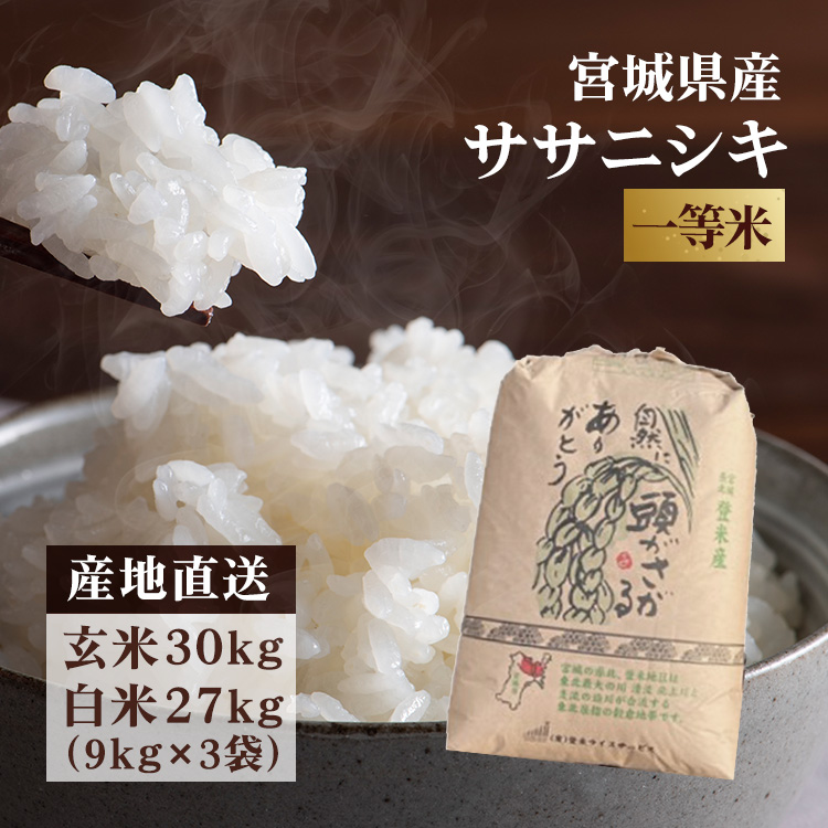 玄米 ササニシキ 30kg ささにしき 精米 27kg 送料無料 令和5年産