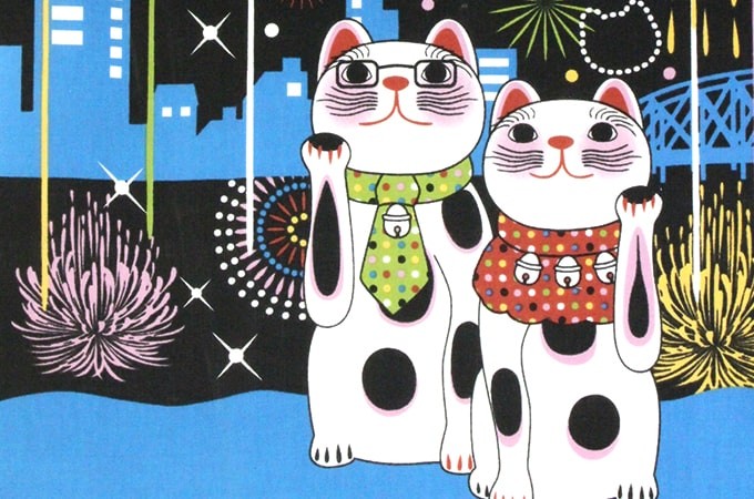 訪問着　手描き　希少柄　猫　懐中時計　イヤリング　鈴　暈し染め　金彩 綿スケア金彩プリント106変わり縞花文様 切り売り=1m単位 | 布