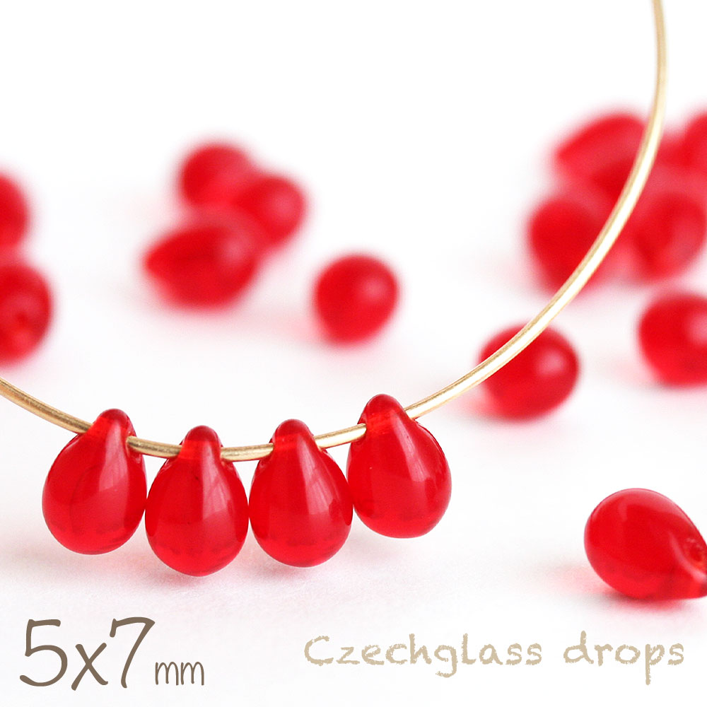 チェコビーズ ドロップ 5×7mm シャム 約30個 しずく 赤 レッド 材料