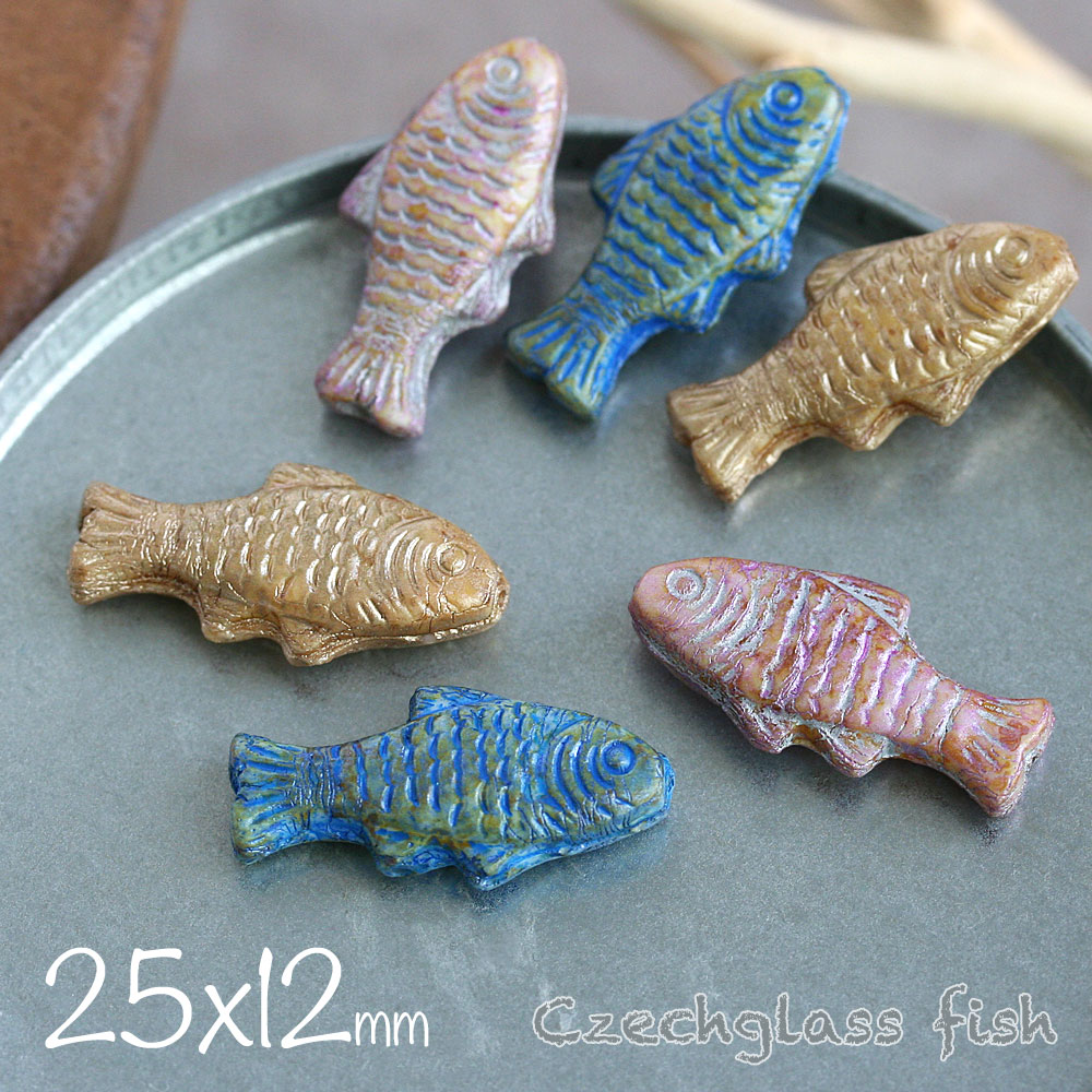 チェコビーズ 魚 25×12mm ピンク 青 ゴールド 4個 アクセサリーパーツ