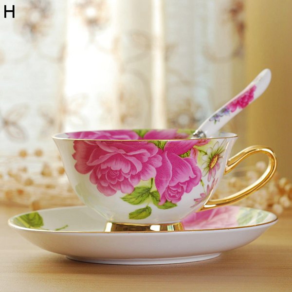 コーヒーカップ Tea Set 花柄 ピオニー バラ柄 総柄 金箔押し マグカップ ボーンチャイナ スプーン付き 紅茶カップ ケーキ皿｜komugi-st｜07