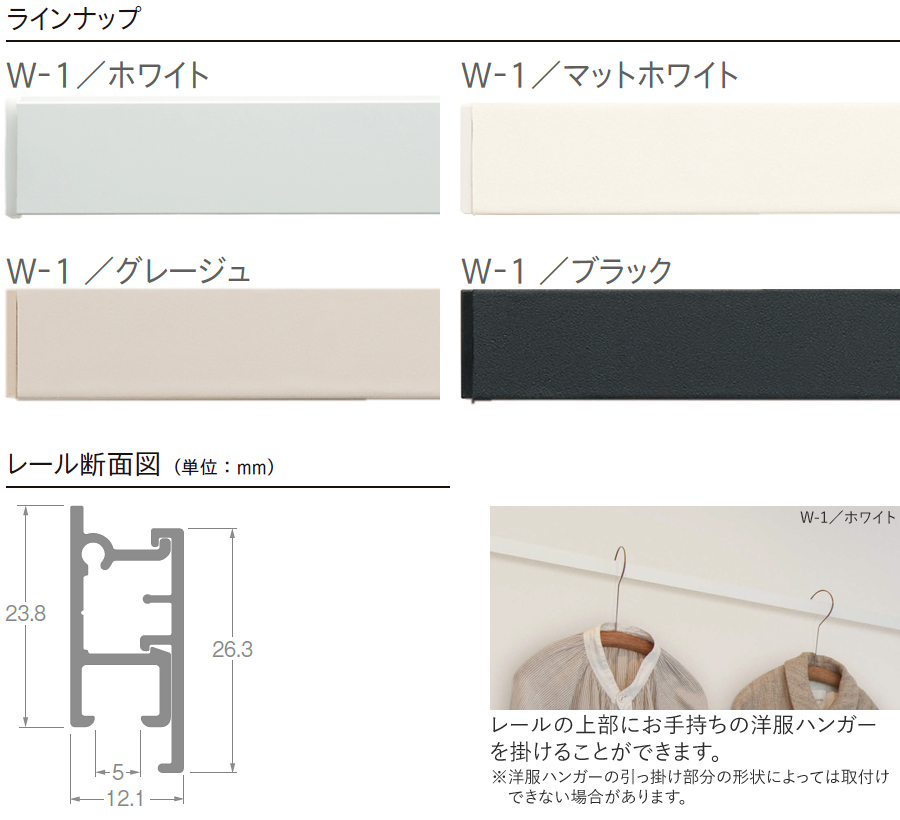 ピクチャーレール W1 ラインナップとレール断面図