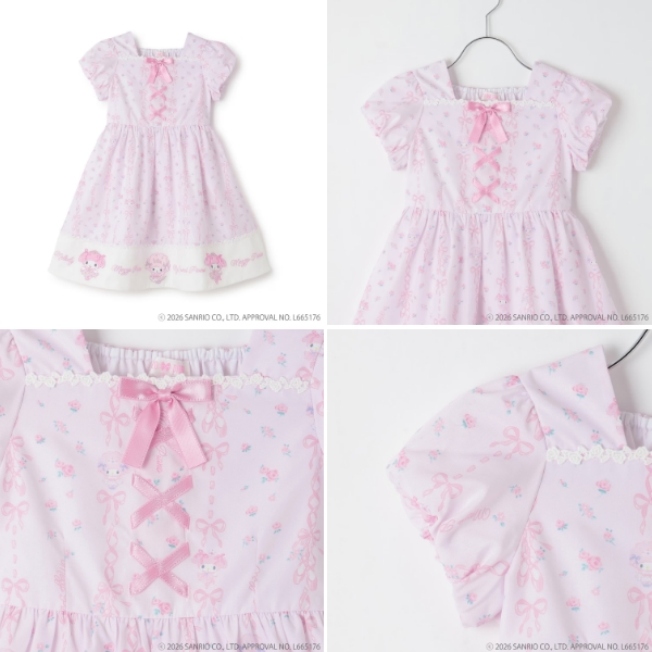 まゆお❤︎新品タグ付❤︎メゾピアノ❤︎９０❤︎みみぽぽウエディング❤︎半袖ワンピース mezzo piano メゾピアノ ショッピング柄 ドッキングワンピース リボン
