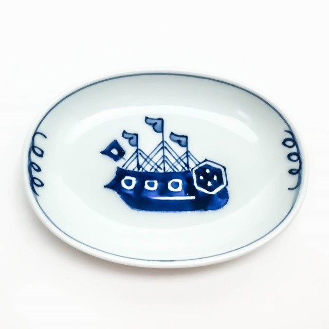 有田焼 青花 絵変り 小判小皿 オランダ船 S-31-033 小皿 変形小皿 楕円