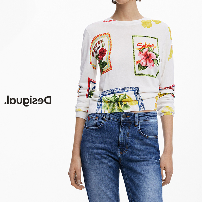 Desigual デシグアル レディースファッション 花柄 春夏 ニット セーター トップス 長袖 おしゃれ インポート 30代 40代 50代 M L ホワイト Desigual デシグアル レディースファッション プリント 花柄 春