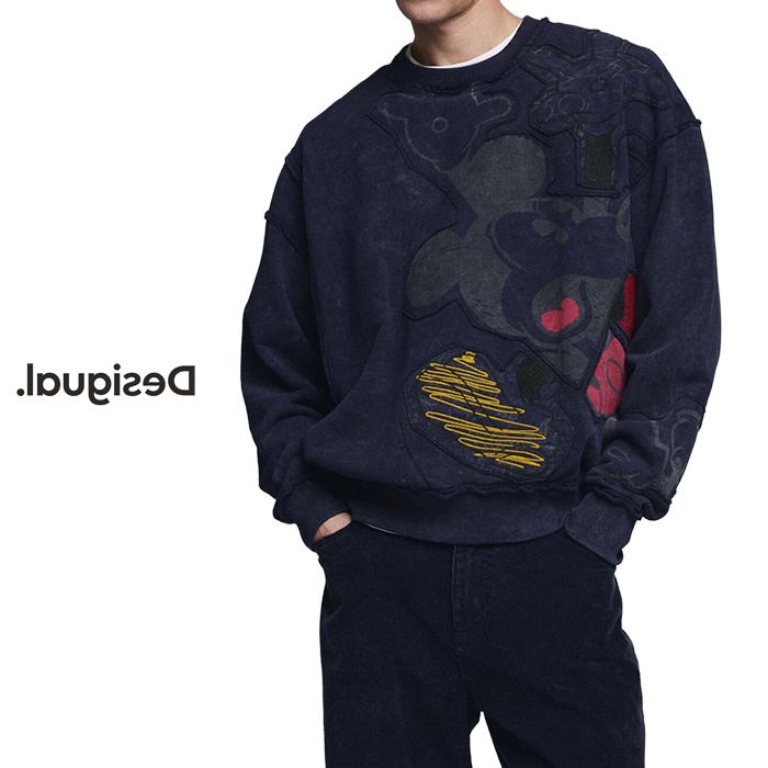 Desigual デシグアル 26SMSK02 メンズ 男女兼用 裏起毛 スウェット トレーナー ミッキー ディズニーコラボ おしゃれ インポート 30代 40代 50代 秋冬 S ネイビー