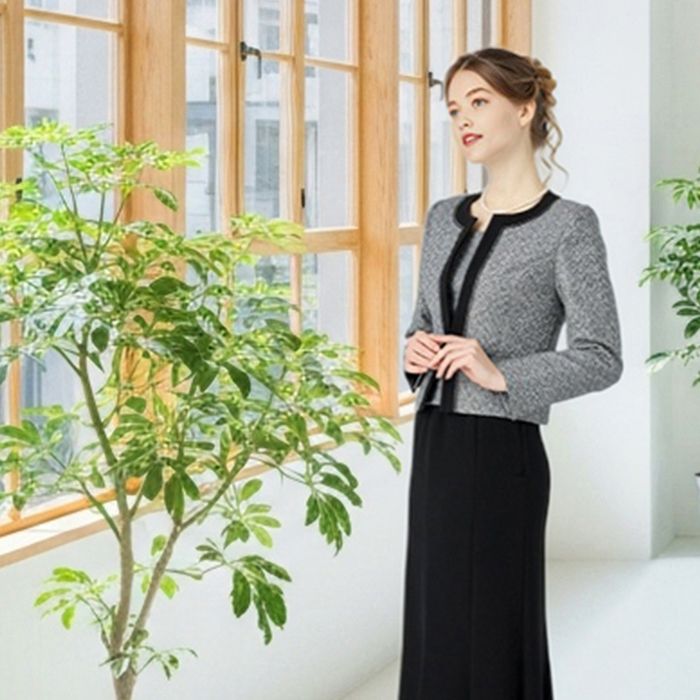 上下サイズ別サイズOK 大人女性向け グレーツイード ノーカラー