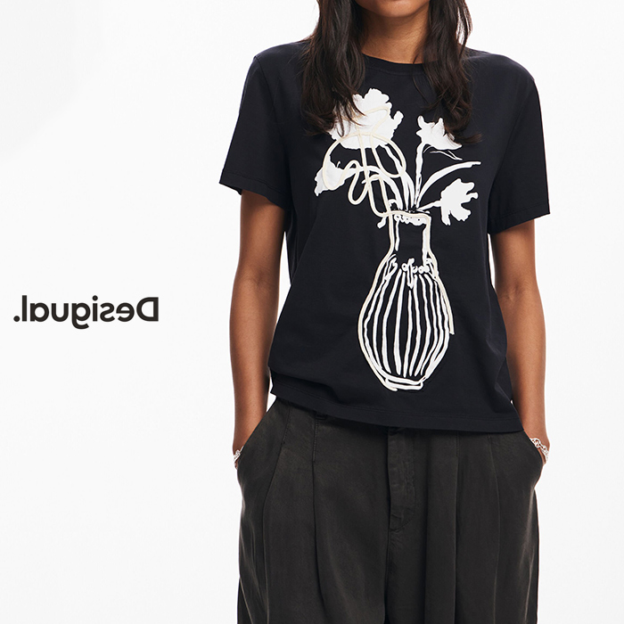 Desigual デシグアル レディースファッション Tシャツ トップス 半袖 花瓶 綿100 インポート 30代 40代 50代 S M L XL ブラック 24WWTK11 Desigual デシグアル レディースファッション Tシャツ トップス
