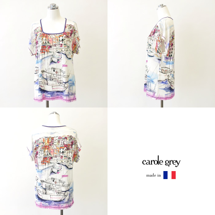 フランス製 レディース 半袖カットソー Ｔシャツ 総柄 夏物 大きいサイズ ミセスファッション 高級 プレゼント 母の日 贈り物 50代 60代 ブルー ko99-p3002-1.jpg