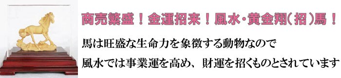 商売繁盛！！金運招来！！風水・黄金翔（招）馬！ 馬は旺盛な生命力を象徴する動物なので風水では事業運を高め、 財運を招くものとされています