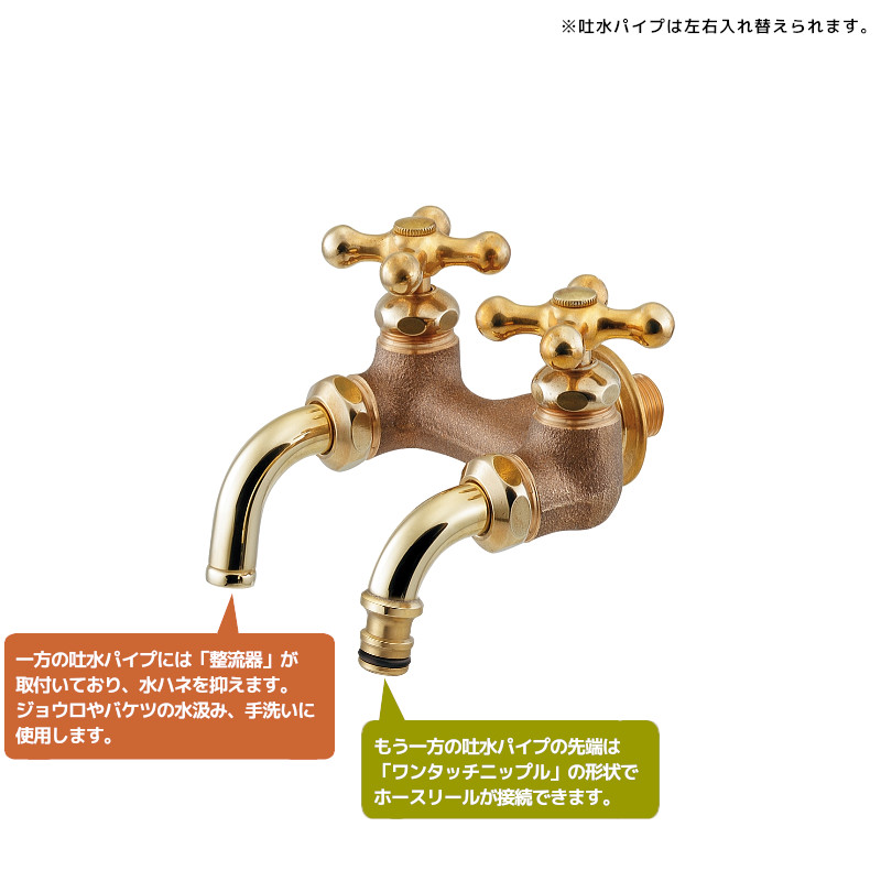 双口水栓 二口蛇口 交換 おしゃれ 水栓 蛇口 ゴールド 二口 双口 二口横水栓 ガーデン用水栓 屋外 【別】 ホース ホースリール