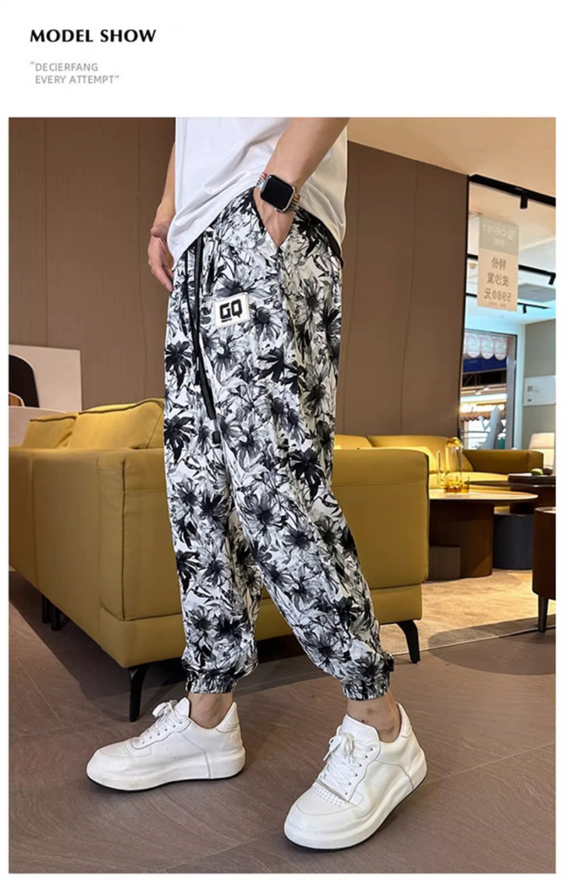 【高額売筋】 プリント柄アイスシルクパンツ メンズ リラックスパンツ 夏 薄手 服&ファッション小物