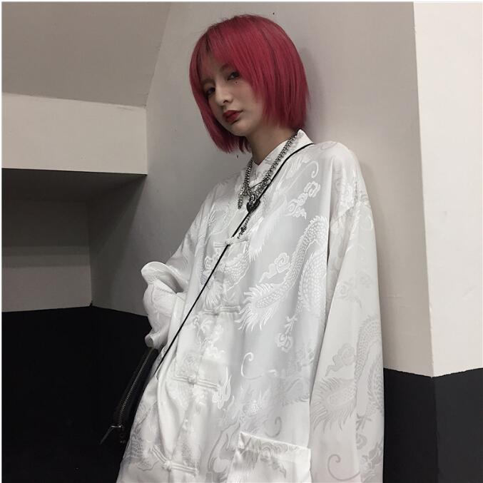 韓国 チャイナ風 サテン シャツ トップス 長袖 男女兼用 竹 竹柄 入画シリーズ】☆チャイナ風シャツ☆ 竹 竹柄 トップス 長袖