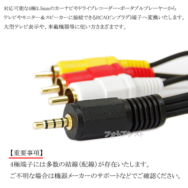 4極3.5mm-RCA変換AVケーブル 1.5m  L/R/G/V/結線(オス)-RCA(オス)赤・白・黄  15mmピン CTIA規格対応　送料無料【メール便の場合】｜kou511125｜02