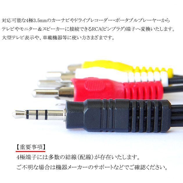 4極3.5mm-RCA変換AVケーブル 1.5m  V/L/R/G結線(オス)-RCA(オス)赤・白・黄  18mmピン　送料無料【メール便の場合】｜kou511125｜05