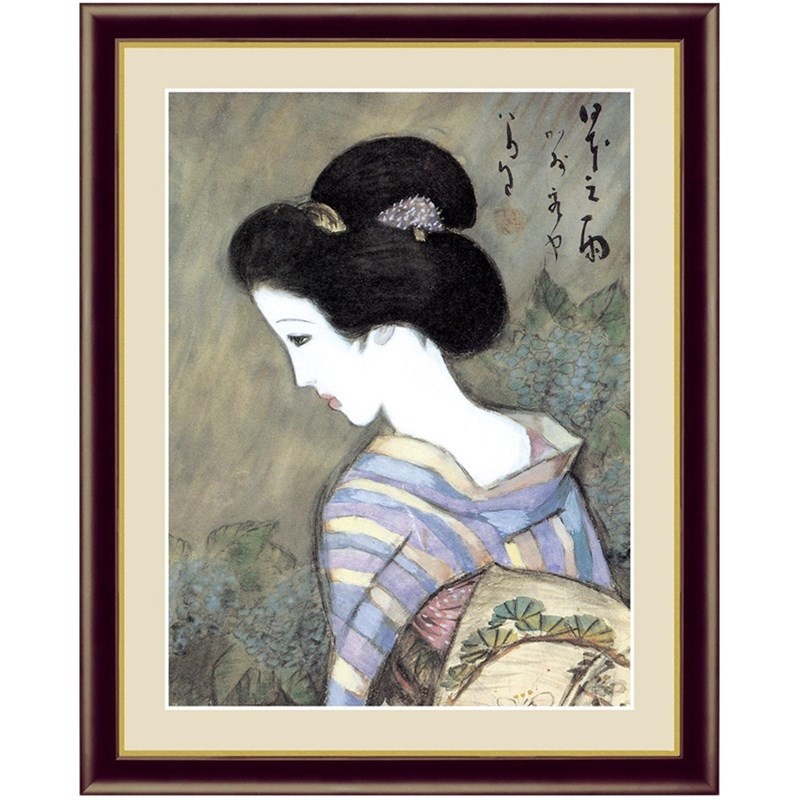 日本の名画 日本画 日本之雨 20×15cm 竹久夢二 新絹本 木製フレーム