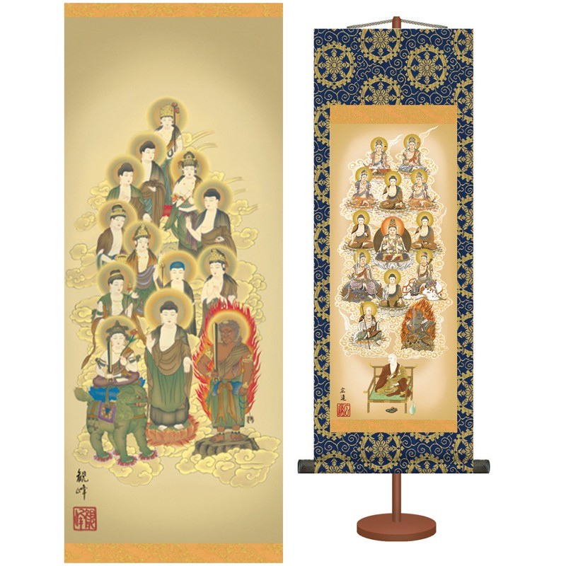 美品　風鎮付き　掛け軸大　仏画　仏三体　仏事　法事　各々箱入り h6-111.jpg