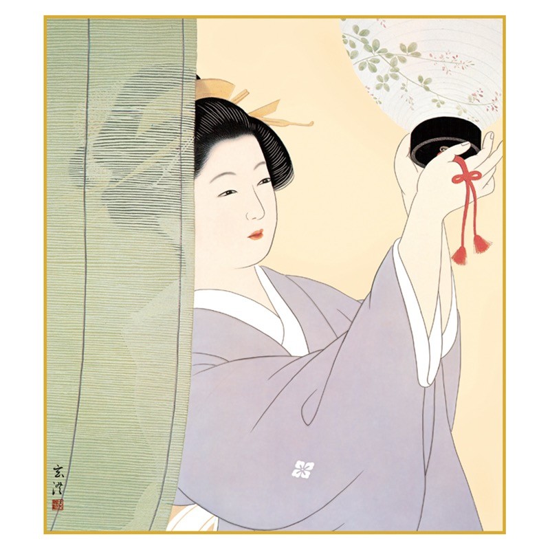 現代日本画家・清水玄澄　美人画＊ギフト、開業祝、に・・ おみやげ用作品 色紙 伝統の美人画 簾越しの女 玄澄 高精細特色