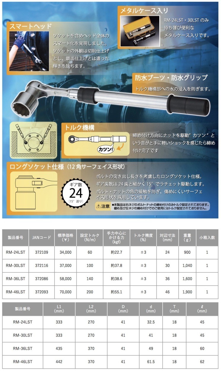 TOP 水道本管用ストレート形トルクレンチ 単能型 30mm RM30LST