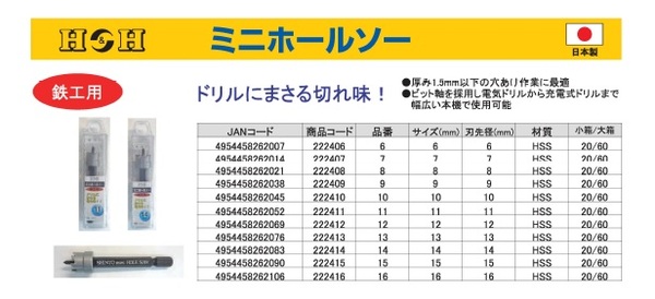 業務用2個セット) H＆H ミニホールソー/先端工具 〔鉄工用 8mm〕 材質