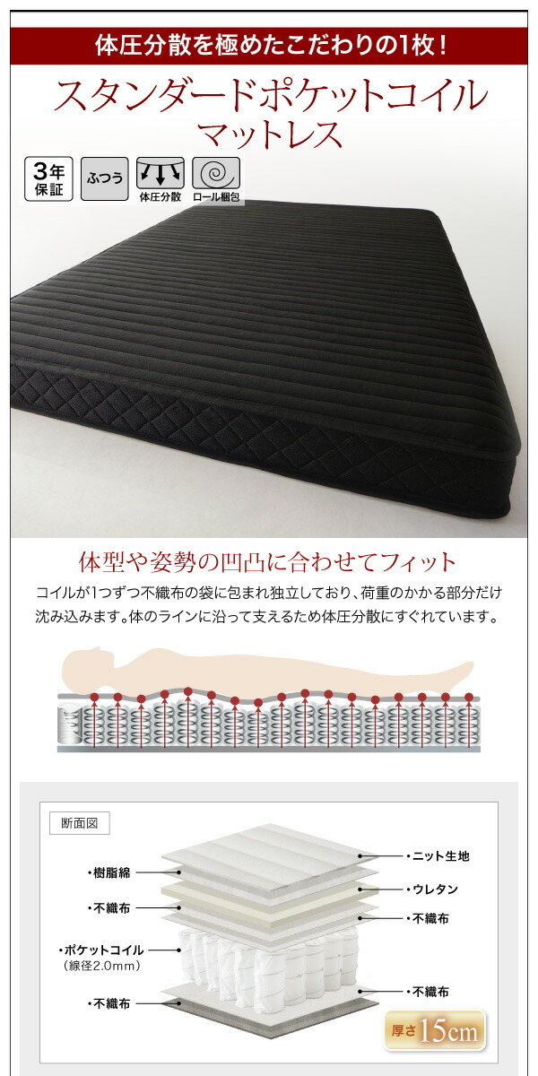 棚・コンセント付きフロアベッド スタンダードポケットコイルマットレス付き ダブル 組立設置付_14
